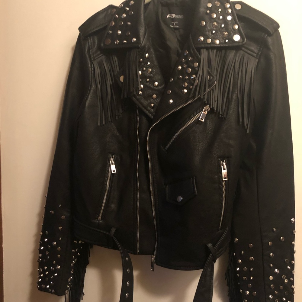 Leather jacket with studs and fringe